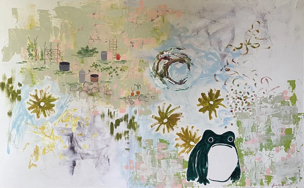 Abstract painting by Montreal portrait artist Jane Aimée Soleil featuring a green frog, golden flowers, and layered garden textures in soft pastels.