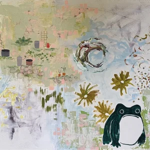 Abstract painting by Montreal portrait artist Jane Aimée Soleil featuring a green frog, golden flowers, and layered garden textures in soft pastels.